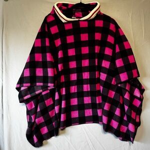 Pook Womens Fleece Plaid Poncho One Size Pink Snap Fastners Winter Layers Comfy